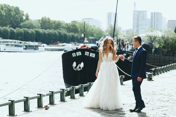 上品な新郎と新婦はどこかパリでセーヌ川の前に豪華なドレス ポーズ — ストック写真