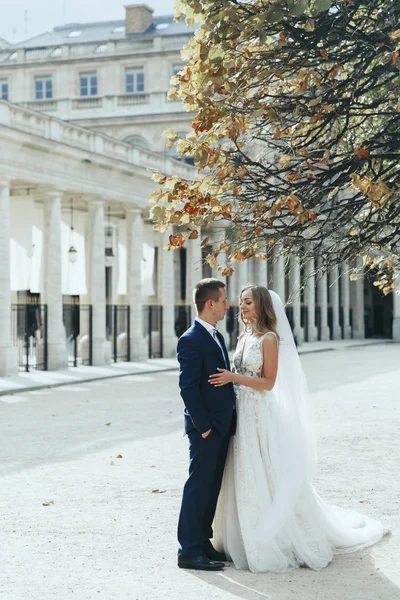 見事な新婚夫婦が豪華なロマンチックなパリの路上で上品なドレスでポーズを見てください — ストック写真