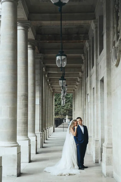 Lüks Şık Elbiseler Romantik Paris Sokaklarında Poz Çarpıcı Yeni Evliler — Stok fotoğraf