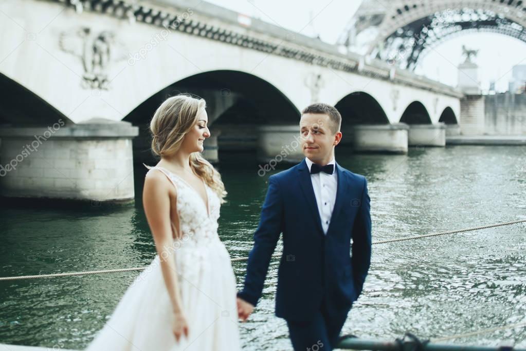 Luxury wedding couple poses before river Seine and the Eiffel Tower somewhere in Paris