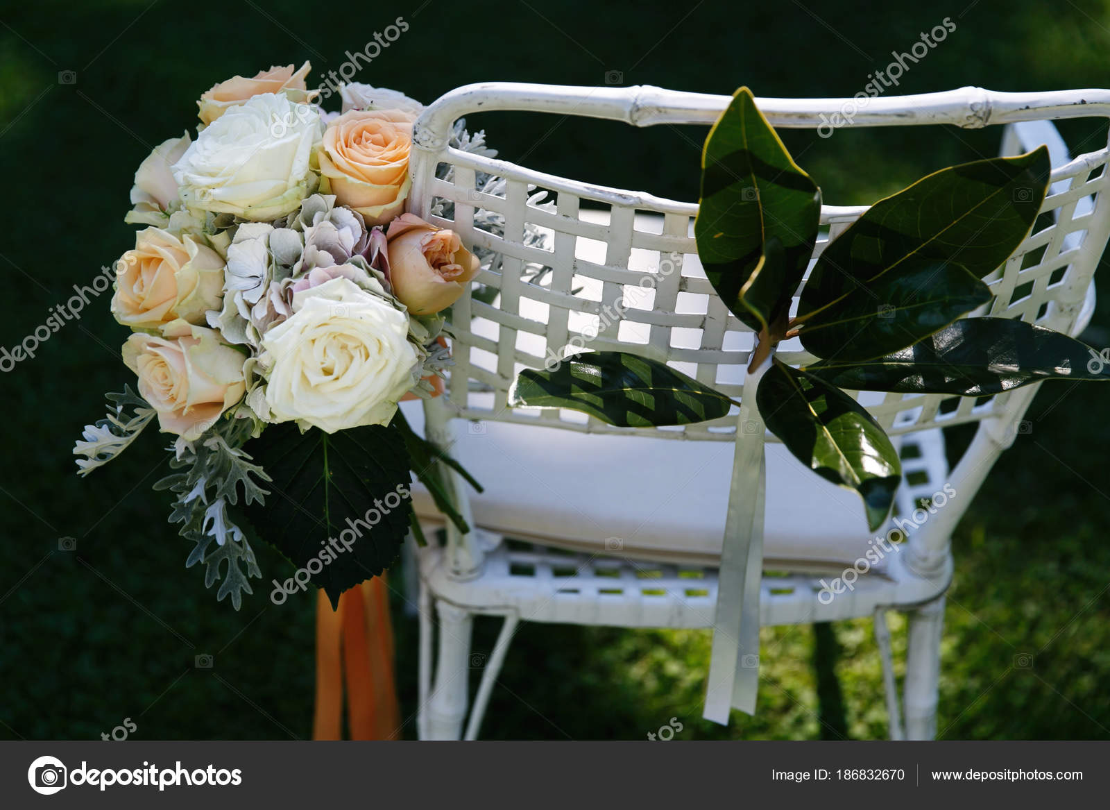 White Orange Wedding Bouquet Put Garden Chair Stock Photo White Orange Wedding Bouquet Put Garden Chair Stock Photo
