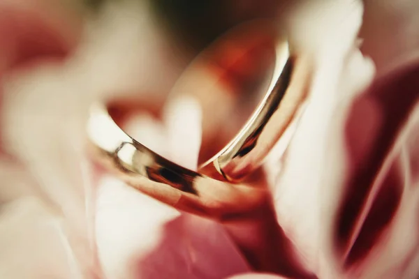 Blurred Picture Golden Wedding Rings Lying Wedding Bouquet Roses — Stock Photo, Image