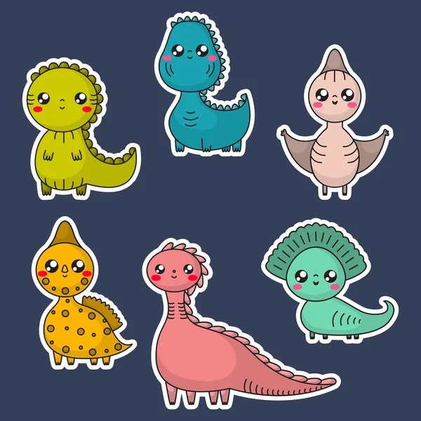 Dinossauros Kawaii preparados. Personagens de desenhos animados. Ilustração vetorial —  Vetores de Stock