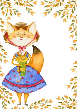 Mavi elbise ve şapka ve sonbahar yaprakları şirin fox ile güzel tebrik kartı. Komik çizgi film karakteri. Suluboya elle çizilmiş illüstrasyon