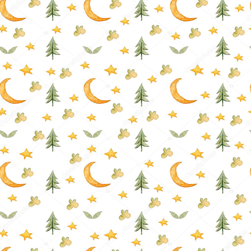 Seamless pattern with cartoon crescent, stars and fir-tree. Watercolor hand drawn illustration
