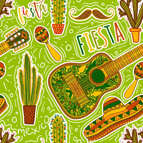 Fiesta Mexicana. Patrón sin costuras con maracas, sombrero, bigote, cactus y guitarra. Concepto de diseño para invitación, banner, tarjeta, camiseta, impresión, póster. Ilustración vectorial dibujada a mano — Archivo Imágenes Vectoriales