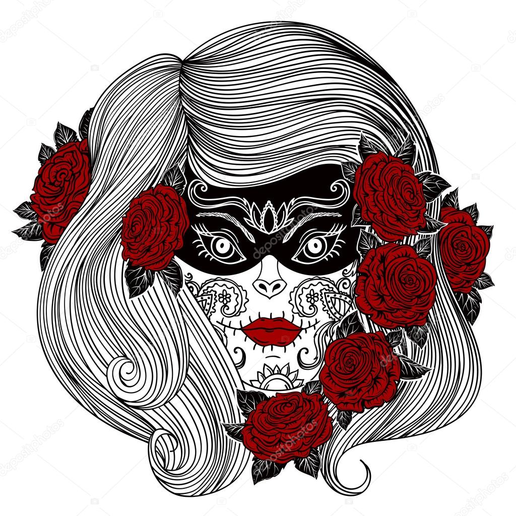 Day of The Dead. Woman with Sugar Skull and roses flowers. Hand drawn vector illustration