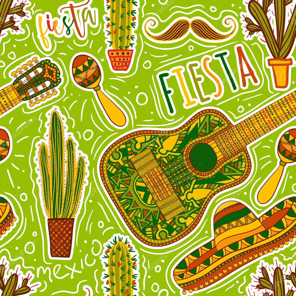 Mexican Fiesta Party. Seamless pattern with maracas, sombrero, mustache, cacti and guitar. Design concept for invitation, banner, card, t-shirt, print, poster. Hand drawn vector illustration