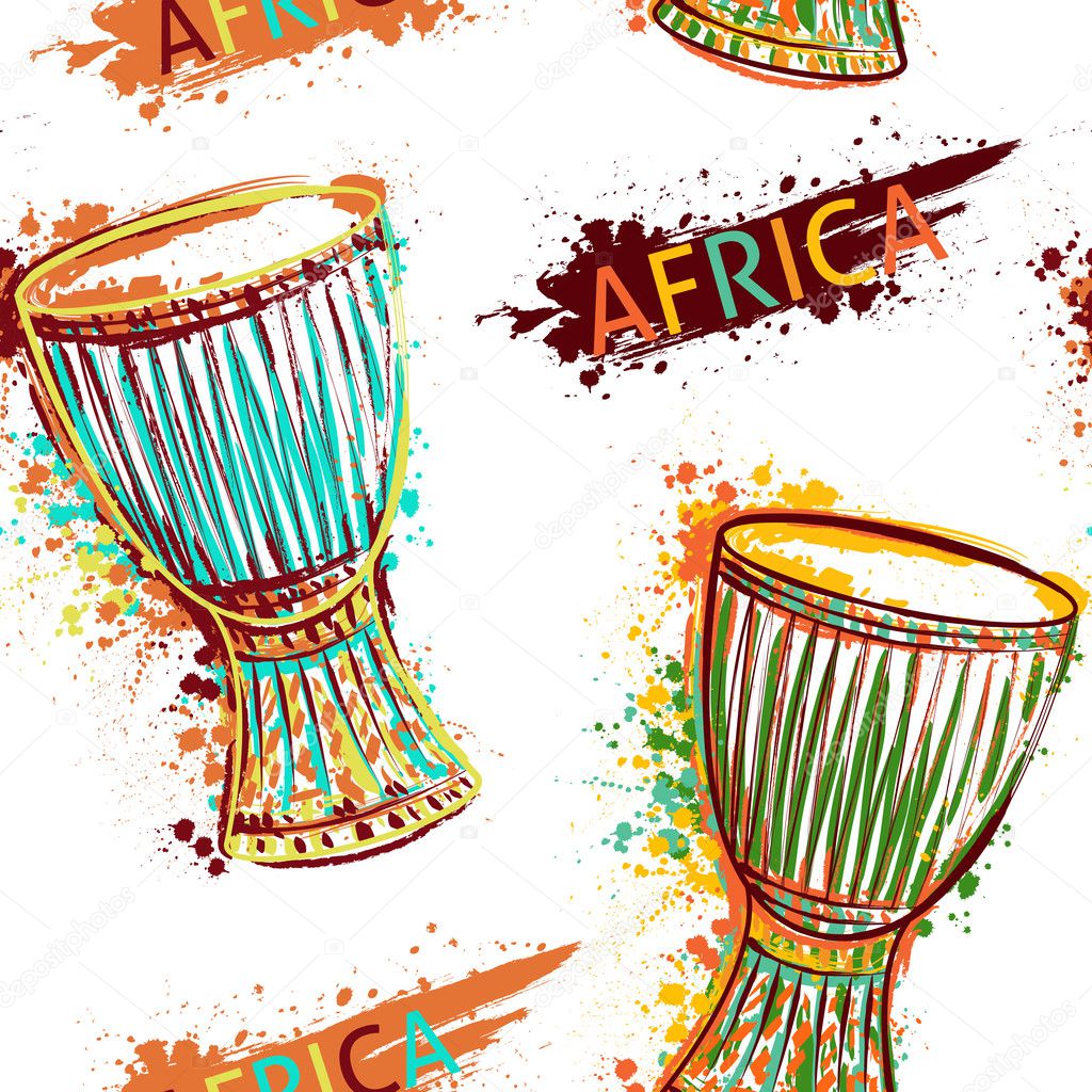 Seamless pattern with african drum tam tam and splashes in watercolor style. Colorful hand drawn vector illustration