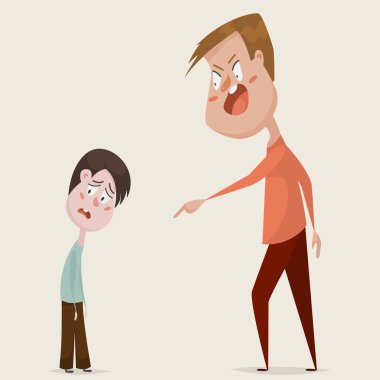 Aile çatışması. Saldırgan adam öfkeyle ezilen çocuğa tehditler savuruyor ve bağırıyor. Saldırganlık, zorbalık ve despotizmduygusal kavramı. Olumsuz duygular. Çizgi film karakterleri. Vektör çizimi