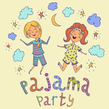 Pijama partisi. Komik çocuklar ve el yıldız, hilal ve bulutlar ile harfleri çizilmiş. Çizgi film karakterleri. Vektör çizimi