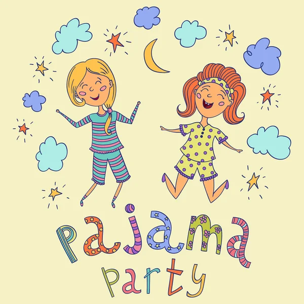 Pajama party. Śmieszne dzieci i ręcznie rysowane napis z gwiazdami, półksiężycem i chmur. Kreskówek. Ilustracja wektorowa — Wektor stockowy