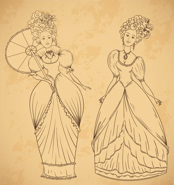 Όμορφες γυναίκες σε vintage φόρεμα και χτένισμα n στιλ μπαρόκ. Εικονογράφηση διανύσματος χειρός — Διανυσματικό Αρχείο