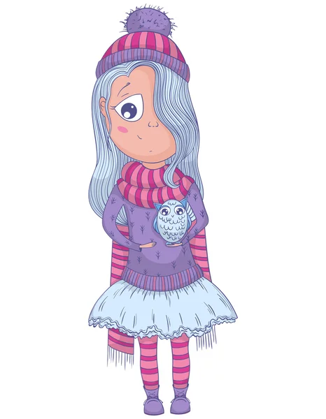 Linda chica de anime en tutú y ropa de invierno con búho. Personaje de dibujos animados. Ilustración vectorial — Vector de stock
