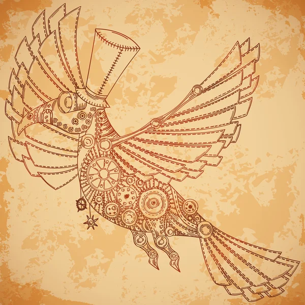 Pájaro mecánico en estilo steampunk sobre fondo de papel envejecido. Vintage ilustración vectorial dibujado a mano — Vector de stock