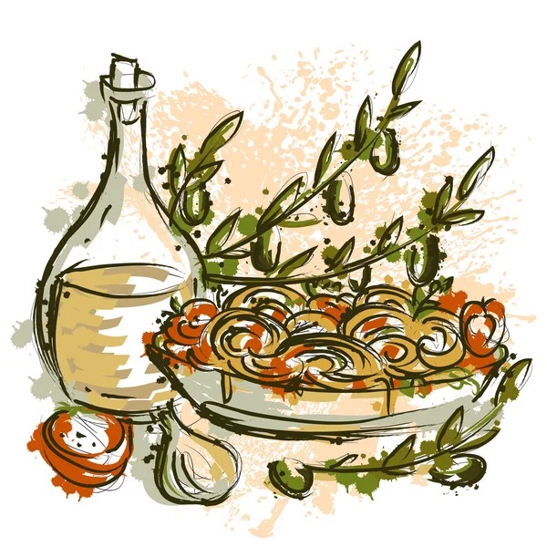 Pasta italiana con olio d'oliva, rami, olive, pomodori e aglio in stile acquerello. Illustrazione vettoriale disegnata a mano vintage in stile schizzo — Vettoriale Stock