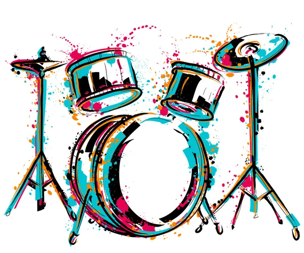 Drum kit with splashes in watercolor style. Colorful hand drawn vector illustration — Stock Vector