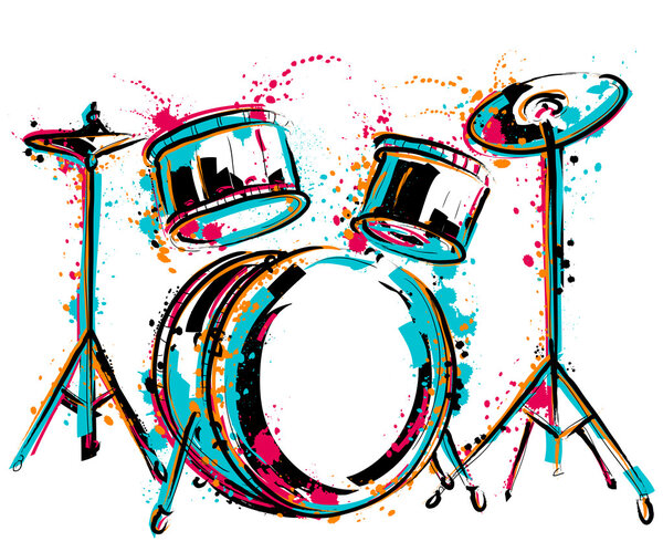 Drum kit with splashes in watercolor style. Colorful hand drawn vector illustration