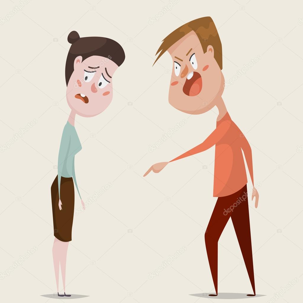 Family conflict. Aggressive man threats and shouts on oppressed woman in anger. Emotional concept of aggression, tyranny and despotism. Negative emotions. Cartoon characters. Vector illustration