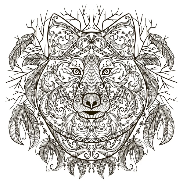 Tête de loup avec ornement tribal aztèque dans le style boho. Tatouage. Illustration vectorielle vintage dessinée à la main . — Image vectorielle