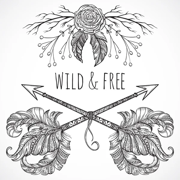 Crossed arrows ,feather, flower, leaf and branch in boho style. Wild and free. Isolated elements. Vintage hand drawn vector illustration. — Stock Vector