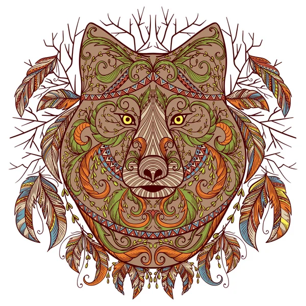 Tête de loup avec ornement tribal aztèque dans le style boho. Tatouage. Illustration vectorielle vintage dessinée à la main . — Image vectorielle