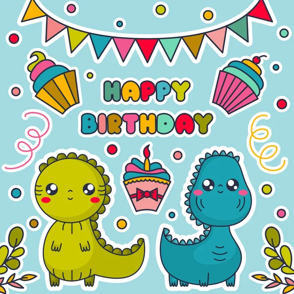 Buon compleanno con dinosauri Kawaii, torte, bandiere e coriandoli. Personaggi dei cartoni animati. Illustrazione vettoriale — Vettoriale Stock