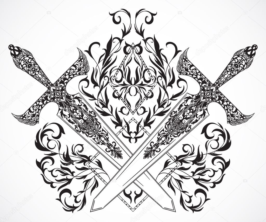 Crossed medieval swords with ornament. Tattoo art. Vintage hand drawn vector illustration
