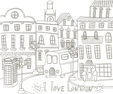 Londra peyzaj vintage tarzı doodle. Londra seviyorum. Çizilmiş vektör çizim el