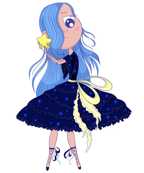 Linda bailarina de anime con pelo azul en tutú sosteniendo en sus manos estrella. Personaje de dibujos animados. Ilustración vectorial — Vector de stock