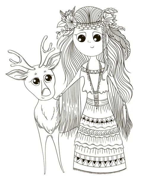 Linda chica de anime en ropa étnica con ciervos. Personaje de dibujos animados. Ilustración vectorial — Vector de stock