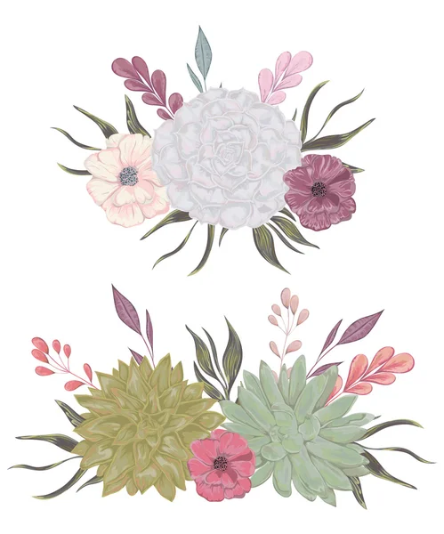 Collection decorative floral design elements for wedding invitations and birthday cards. Succulents, flowers and leaves. Isolated elements. Vintage hand drawn vector illustration in watercolor style. — Stock Vector