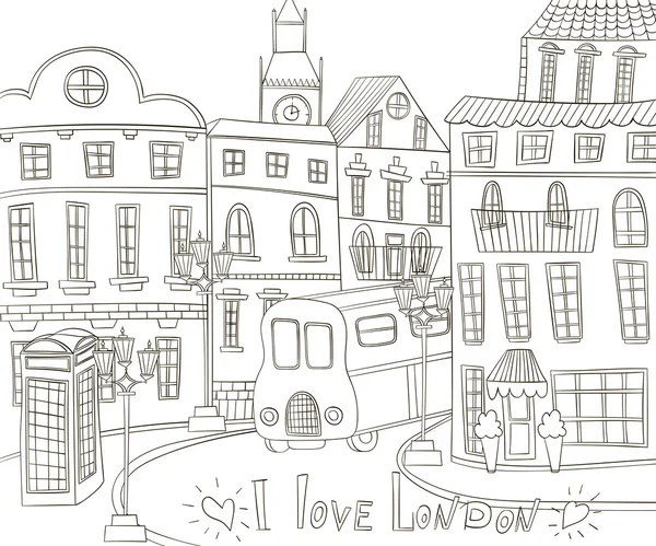 Londen landschap in vintage doodle stijl. Ik hou van Londen. Hand getekende vectorillustratie — Stockvector