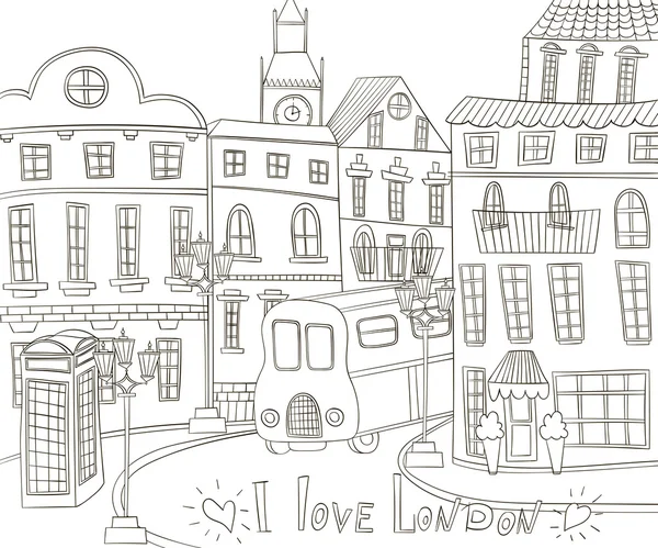 Paesaggio londinese in stile doodle vintage. Adoro Londra. Illustrazione del vettore disegnato a mano — Vettoriale Stock