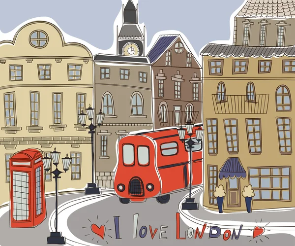 Paisaje londinense en estilo doodle vintage. Me encanta Londres. Ilustración vectorial dibujada a mano — Archivo Imágenes Vectoriales