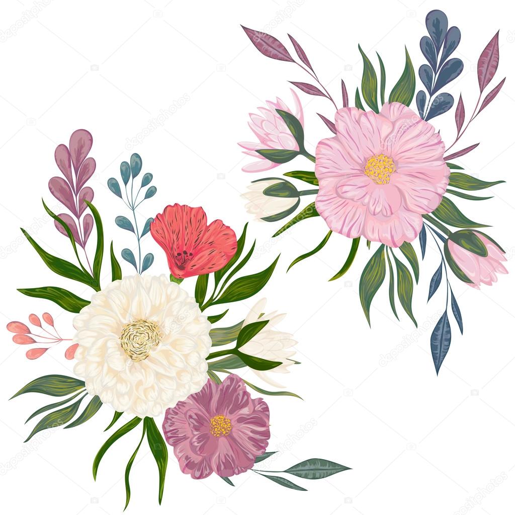 Collection decorative design elements for wedding invitations and birthday cards. Flowers, leaves and buds. Isolated elements. Vintage hand drawn vector illustration in watercolor style.