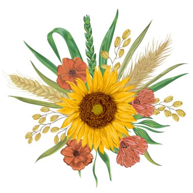 Ayçiçeği, arpa, buğday, çavdar, pirinç, poppy. Koleksiyon dekoratif çiçek tasarım öğeleri. İzole öğeleri. Tahıllar ve çiçek buketi. Suluboya tarzında Vintage vektör çizim.