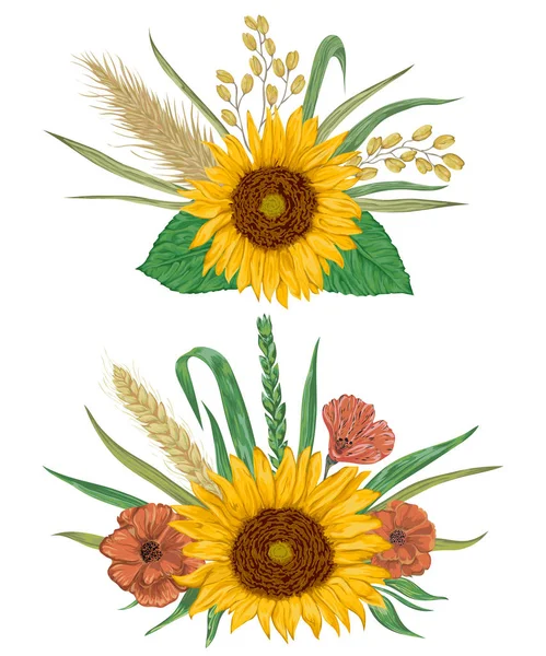 Colección de elementos decorativos de diseño floral. Girasol, cebada, trigo, centeno, arroz, amapola. Elementos aislados. Ramos con cereales y flores. Ilustración vectorial vintage en estilo acuarela . — Archivo Imágenes Vectoriales