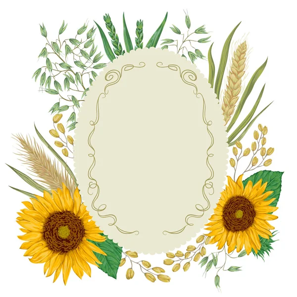 Etiqueta vintage com conjunto de cereais. Girassol, cevada, trigo, centeio, arroz e aveia. Coleção elementos de design floral decorativos. Elementos isolados. Ilustração vetorial em estilo aquarela . —  Vetores de Stock