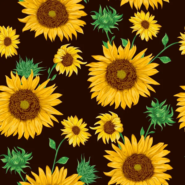 Modello senza cuciture con girasoli su sfondo nero. Collezione decorativi elementi di design floreale. Fiori, boccioli e foglie. Illustrazione vettoriale disegnata a mano vintage in stile acquerello . — Vettoriale Stock