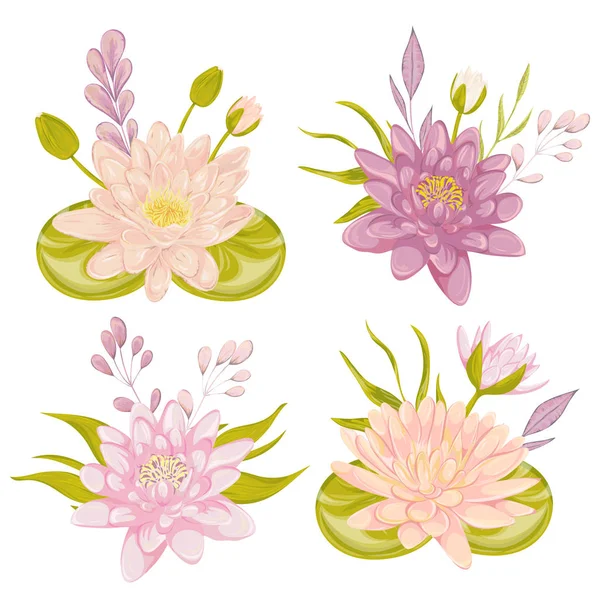 Ensemble de nénuphars. Collection éléments décoratifs de design floral pour les invitations de mariage et cartes d'anniversaire. Fleurs, feuilles et bourgeons. Illustration vectorielle vintage dessinée à la main dans un style aquarelle . — Image vectorielle