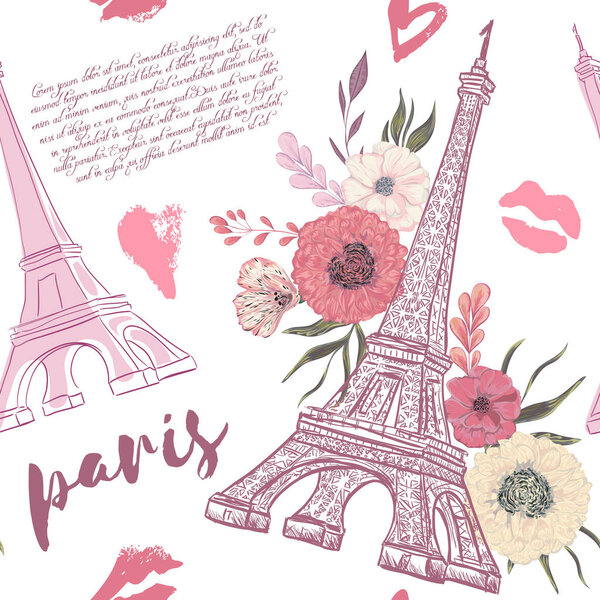 Paris. Vintage seamless pattern with Eiffel Tower, kisses, hearts and floral elements on white background. Retro hand drawn vector illustration in watercolor style.