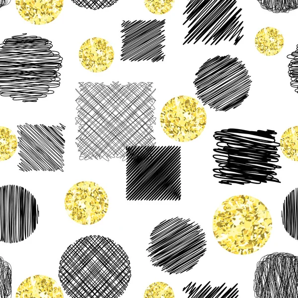 Motif abstrait sans couture avec des cercles et des carrés gribouillis à l'encre noire et des cercles avec une texture de papier doré pailleté. Illustration vectorielle dessinée main — Image vectorielle