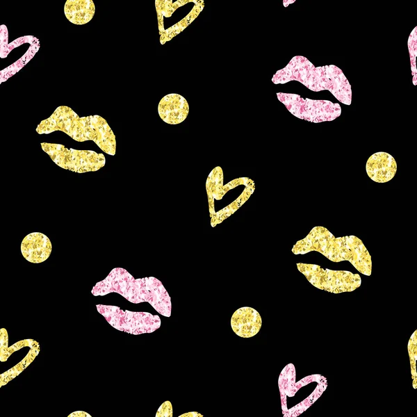Vintage seamless pattern with kisses, hearts and circles with golden glitter foil texture on black background. Hand drawn vector illustration — Stock Vector
