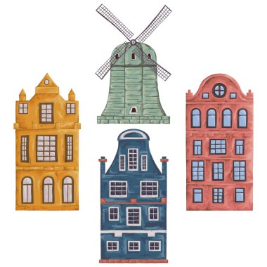 Amsterdam. Eski tarihi binaları ve Hollanda'nın geleneksel mimarisi. Yel değirmeni ve evler. İzole öğeleri. Suluboya tarzında vintage elle çizilmiş vektör çizim.