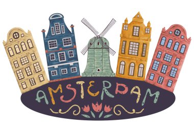 Amsterdam. Eski tarihi binaları ve Hollanda'nın geleneksel mimarisi. Yel değirmeni ve evler el ile yazı çizilmiş. Suluboya tarzında vintage elle çizilmiş vektör çizim.