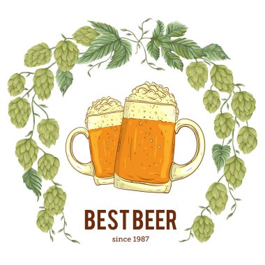 Çelenk ile atlama ve bardak bira. Hop koniler ile çiçek kompozisyon yaprakları ve dalları. İzole öğeleri. Suluboya tarzında vintage elle çizilmiş illüstrasyon.