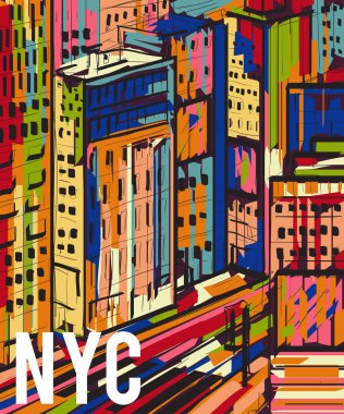 New York. Soyut renkli el gece şehir manzarası çekilmiş. Vektör çizim pop sanat tarzı