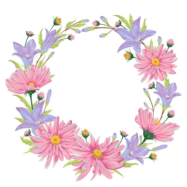 Grinalda com sinos azuis e flores de camomila rosa. Coleção elementos de design floral para convites de casamento e cartões de aniversário. Elementos isolados. Ilustração vetorial vintage em estilo aquarela . — Vetor de Stock