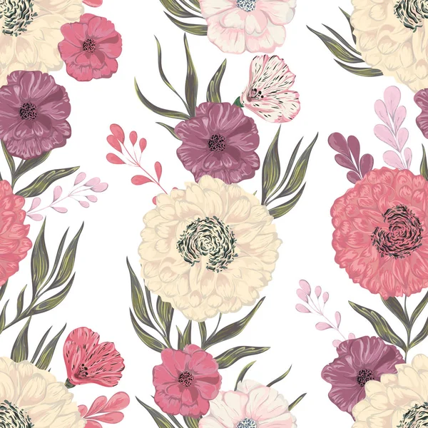 Naadloze patroon met pioenroos, dahlia en klaproos. Collectie decoratieve floral designelementen voor huwelijksuitnodigingen en verjaardagskaarten. Vintage hand getrokken vectorillustratie in aquarel stijl. — Stockvector